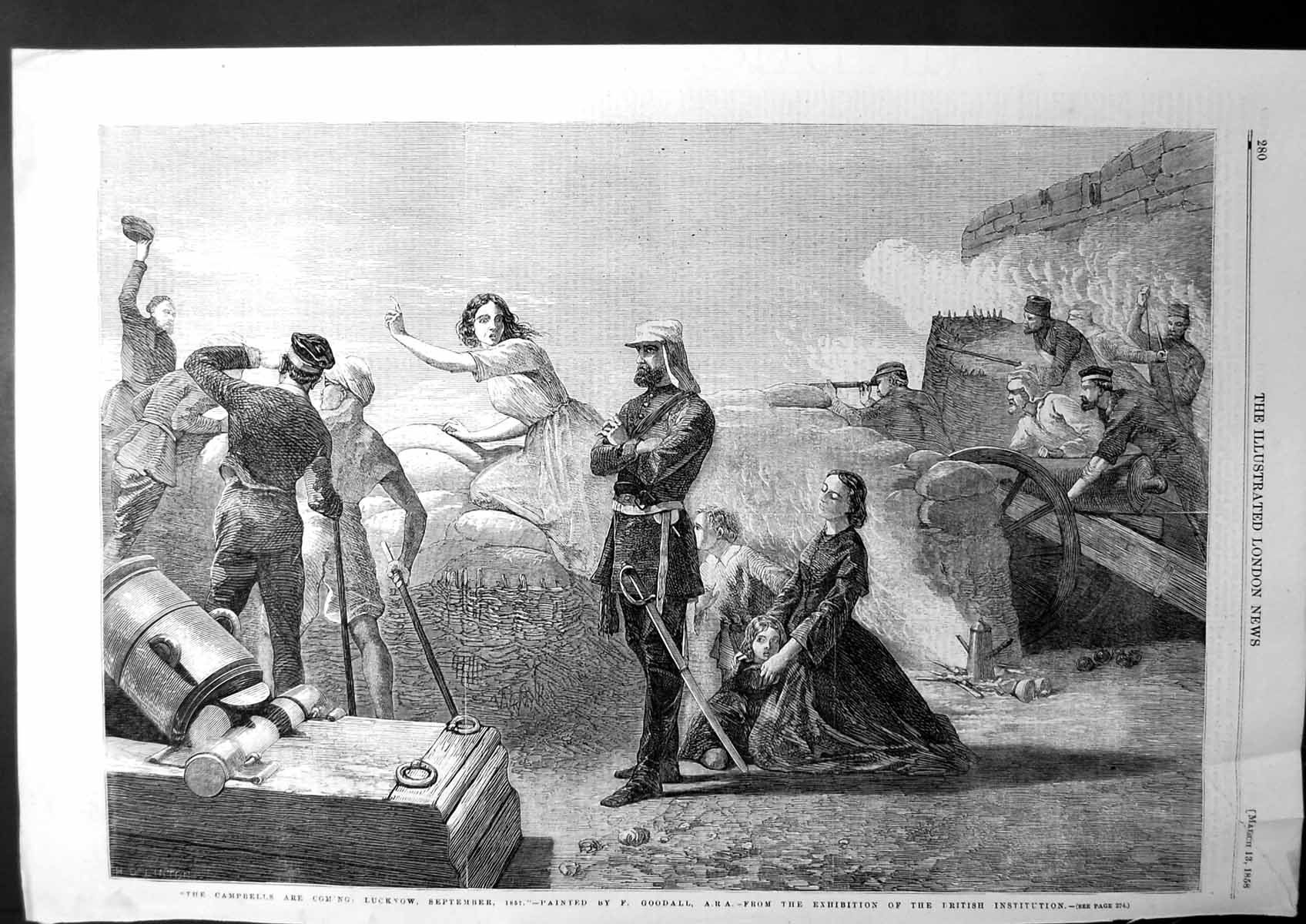 Antique Old Print The Campbells Are Coming Lucknow Painted By F Goodall 1858