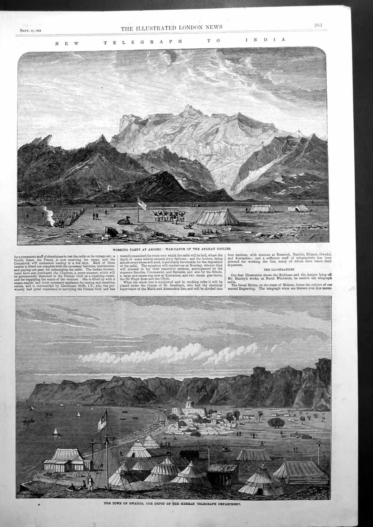 Antique Print New Telegraph To India Working Party Argore Gwader Town 1863 19th
