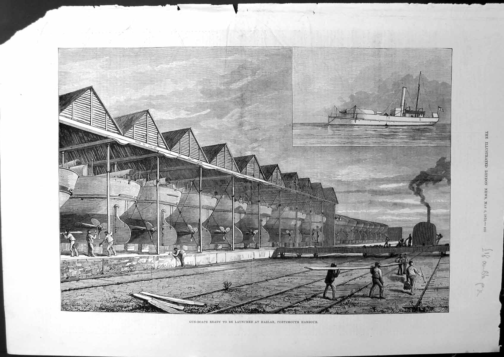 Old Print Gun-Boats Readyto Be Launched At Haslar Portsmouth Harbour 1878 19th