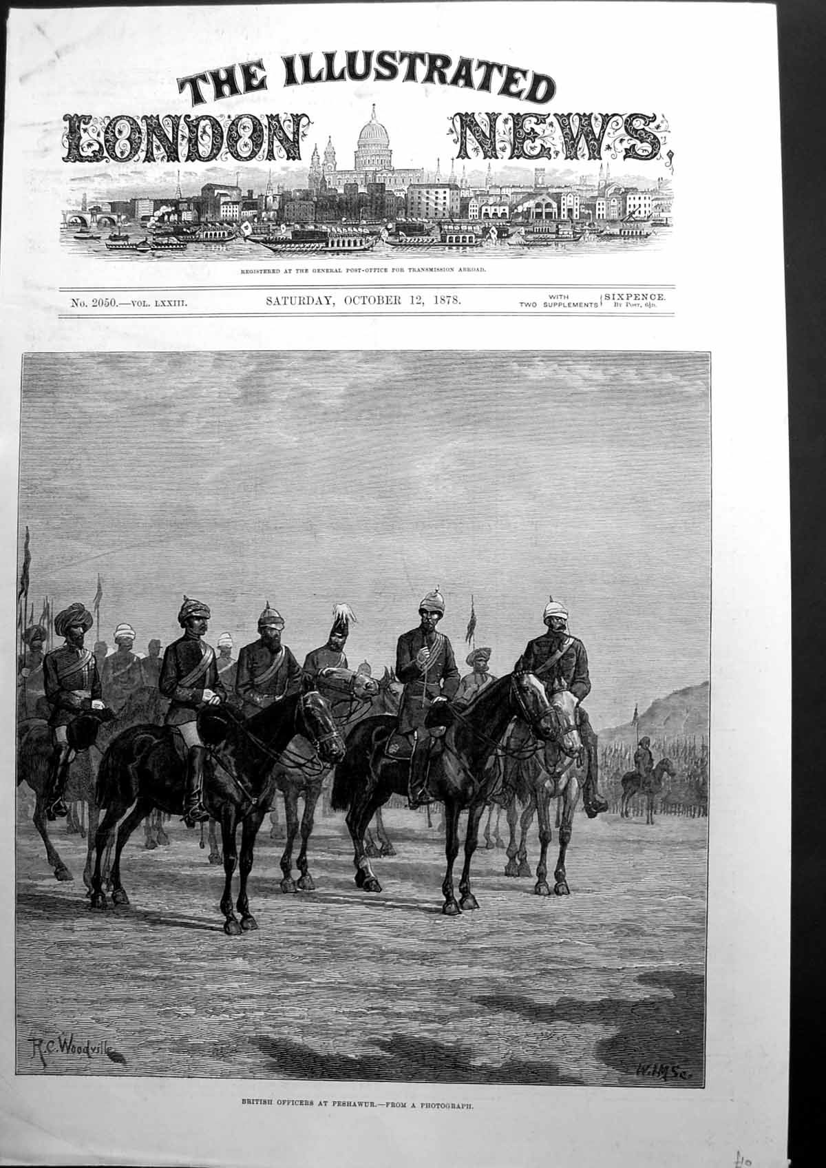 Antique Old Print British Officers At Peshawur Sketch Horse-Back India 1878