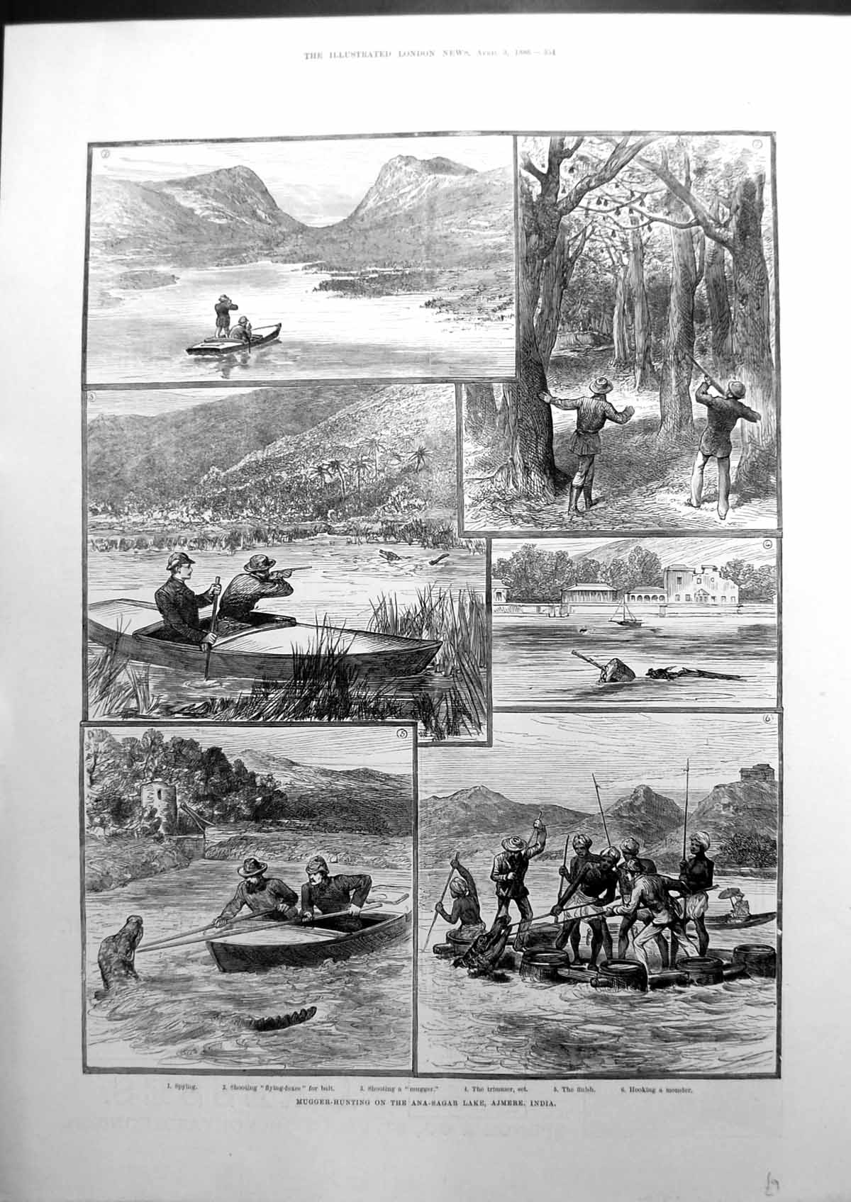 Old Mugger-Hunting On The Ana-Sagar Lake Ajmere India Sketches 1886Victorian