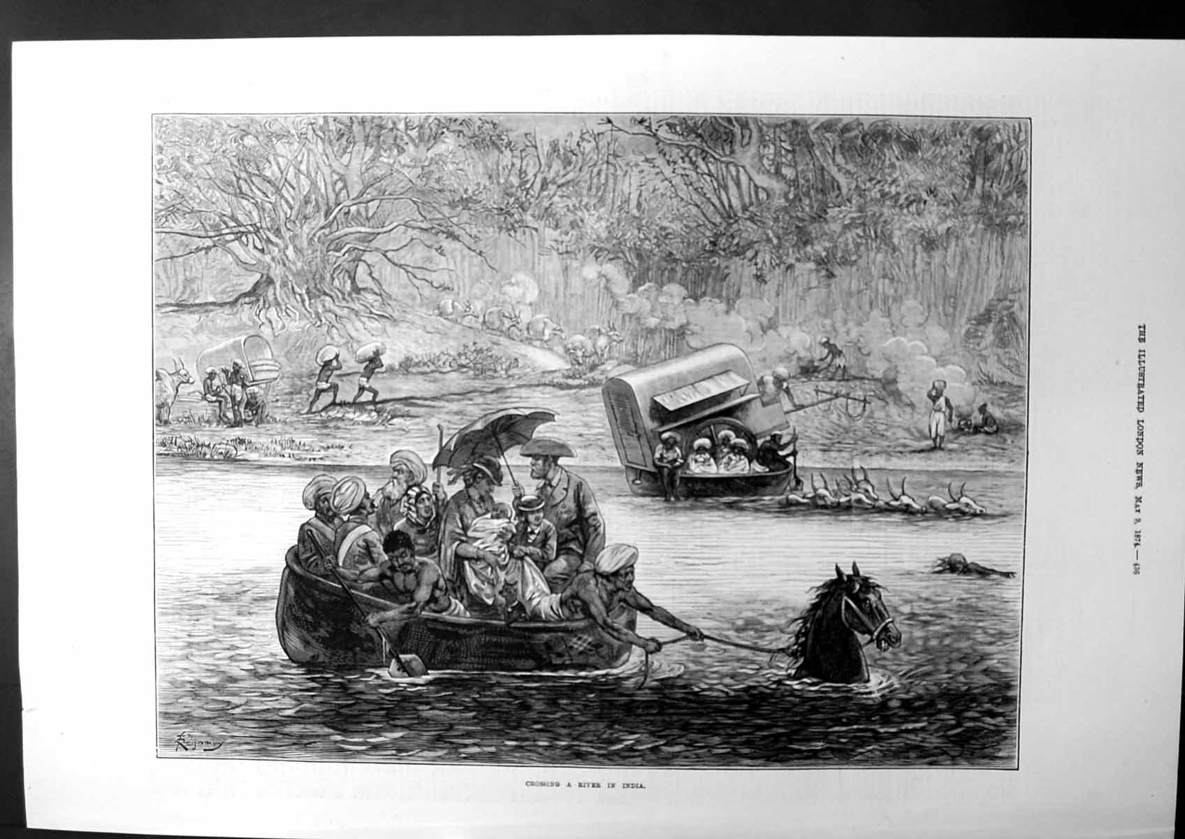 Old Crossing River In India Boat Sketch Natives Pulled By Horse 1874 Victorian