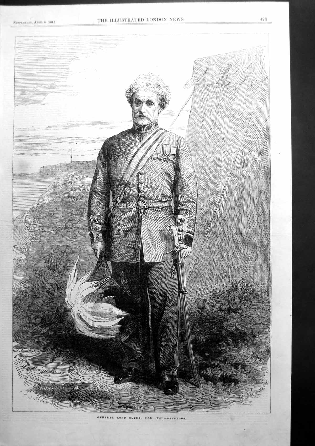 Antique Old Print General Lord Clyde Sketch Uniform Sword Helmet Medals 1862