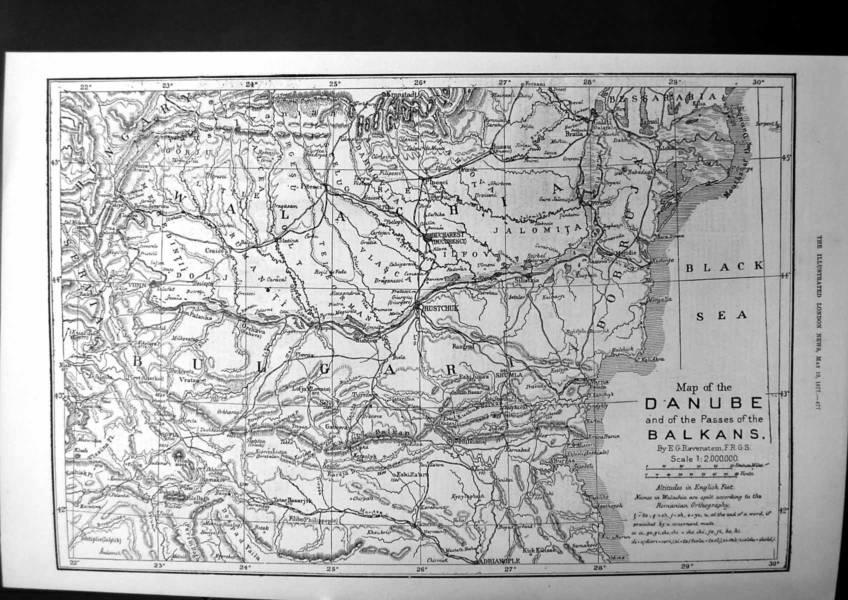Old Antique Print Map The Danube And The Passes The Balkans Bulgaria 1877 19th