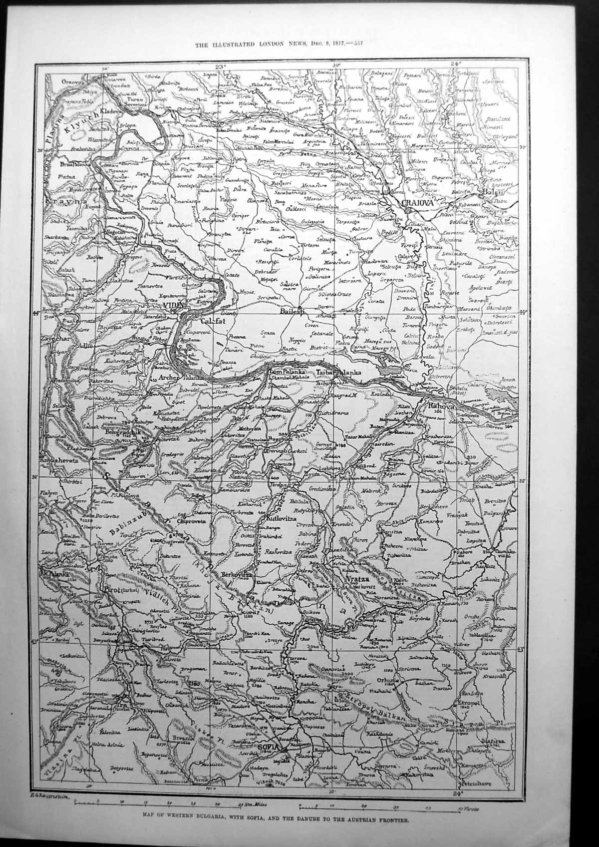 Antique Old Print Map Western Bulgaria With Sofia And The Danube Austria 1877