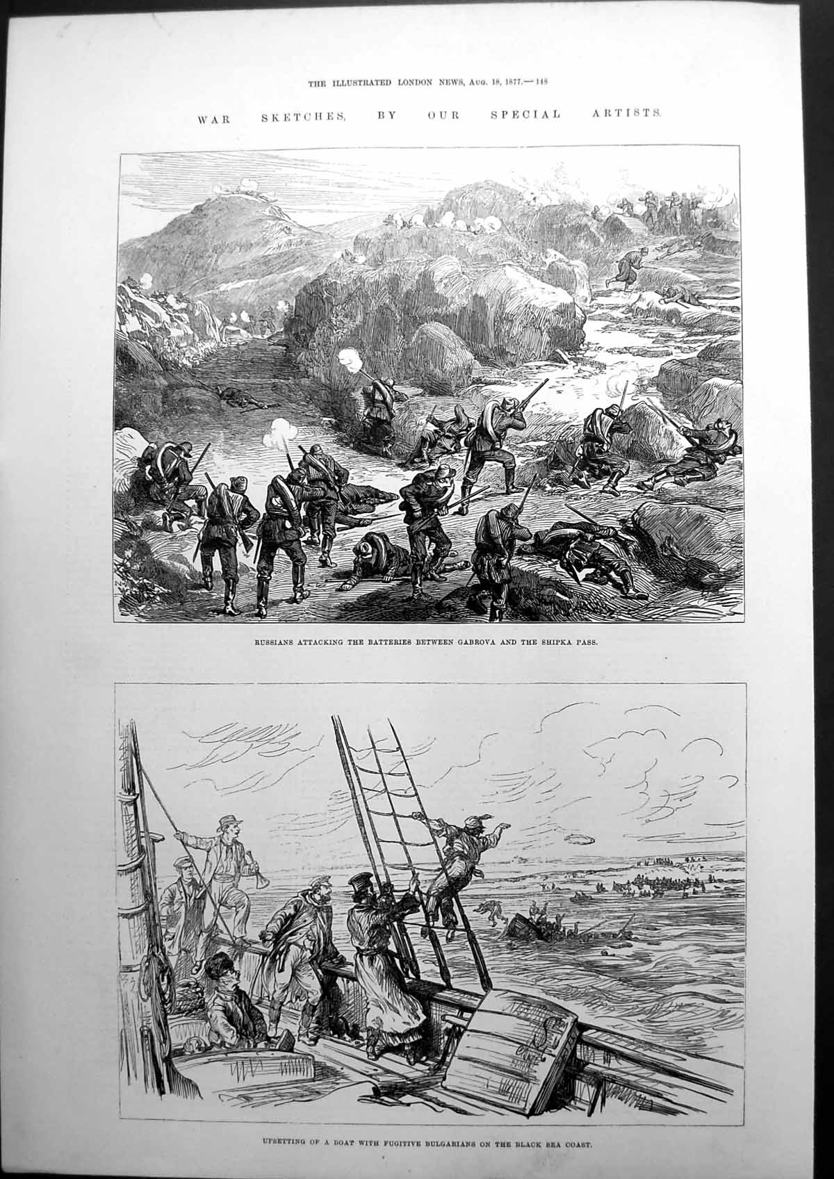 Antique Print War Sketches Russians Attacking Batteries Bulgarians Sea 1877