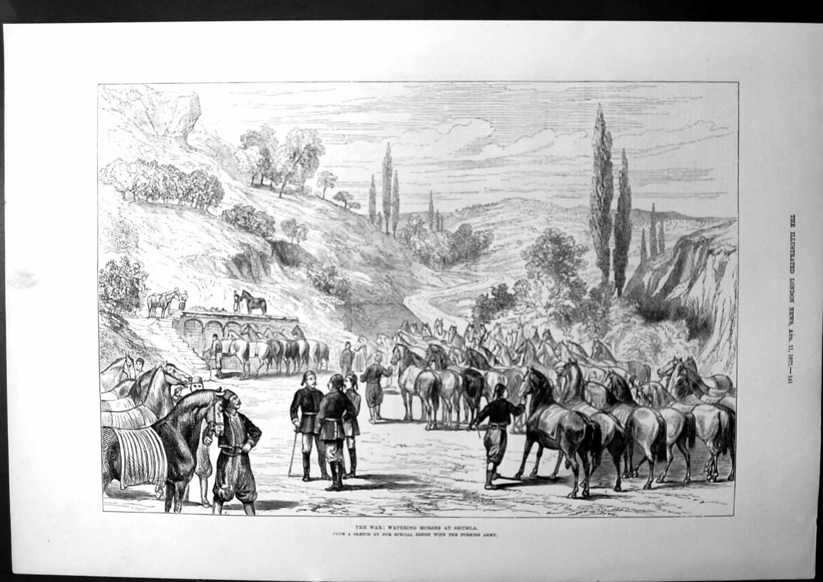 Antique Old Print The War Watering Horses At Shumla Sketch Turkish Army 1877