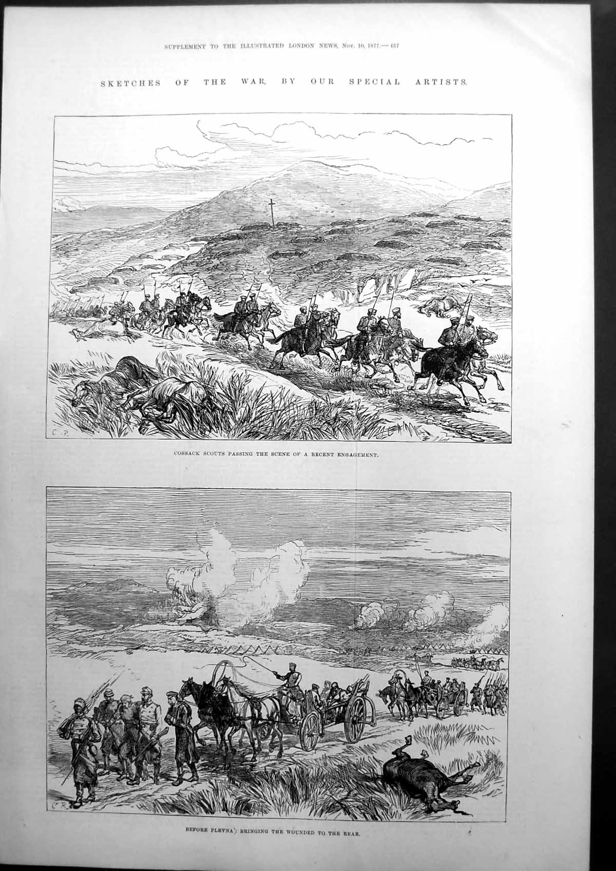 Old Antique Print Sketches The War Cossack Scouts Bringing Wounded 1877 19th
