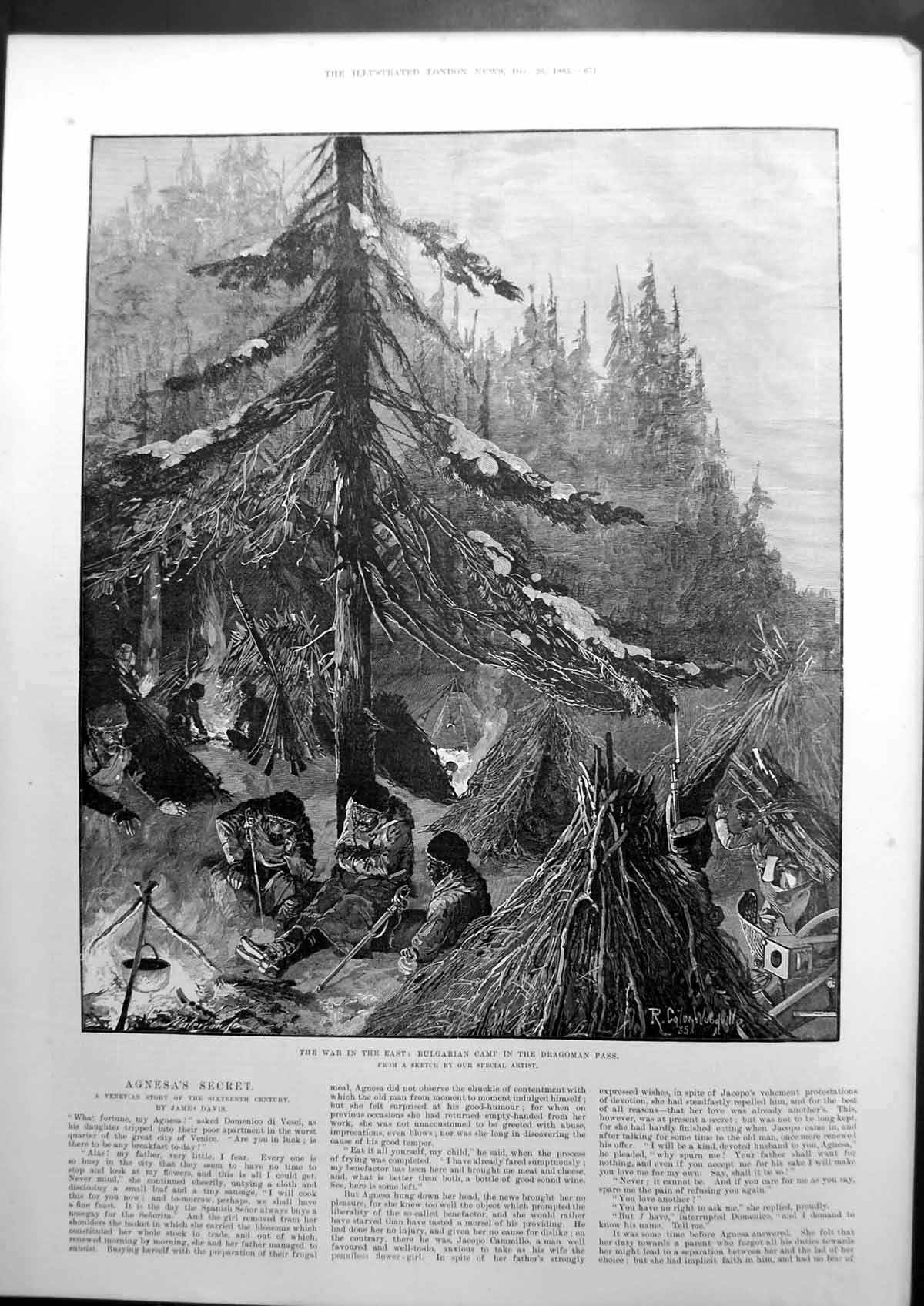 Old Print War In The East Bulgarian Camp In The Dragoman Pass Sketch 1885 19th