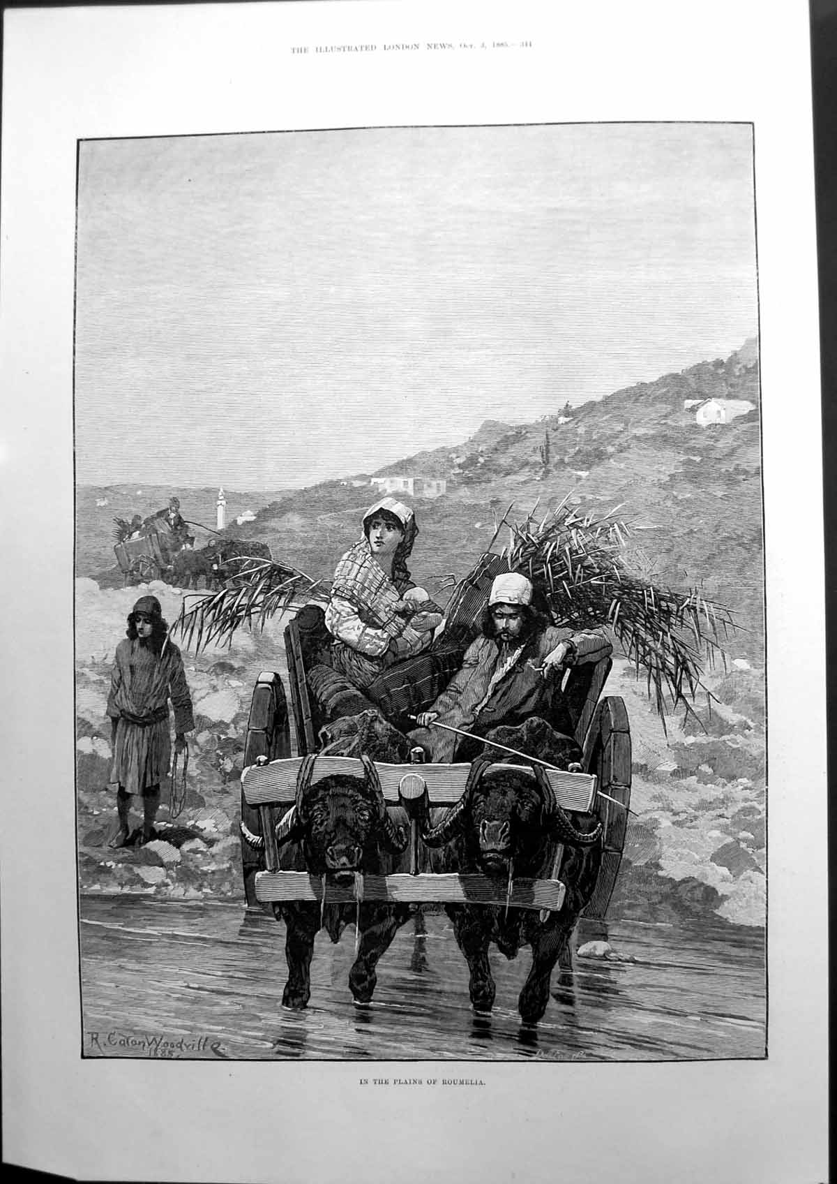Antique Print In The Plains Roumella Cattle Crossing River Sketch Cart 1885