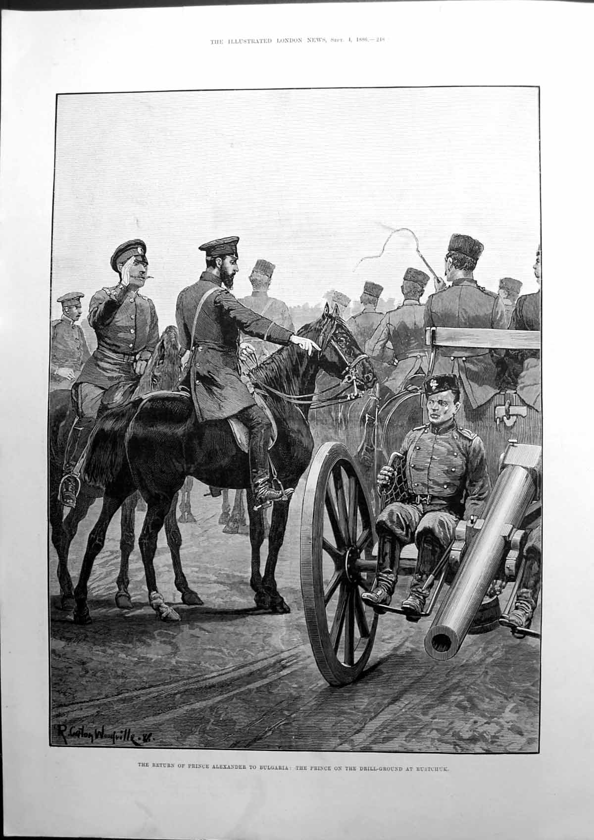 Old Print Return Prince Alexander To Bulgaria Drill-Ground Rustchuk 1886 19th