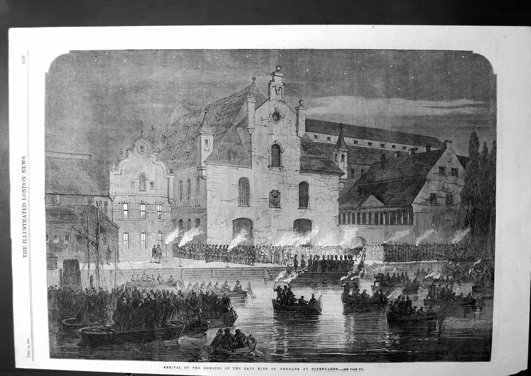 Original Old Antique Print Arrival Remains Late King Denmark At Copenhagen 1863