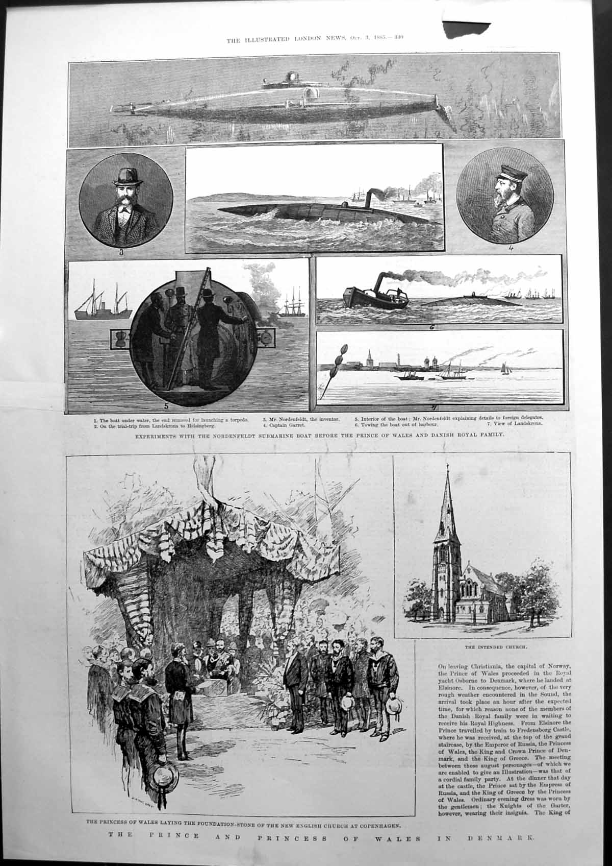 Old Antique Print The Prince And Princess Wales In Denmark Submarine 1885 19th