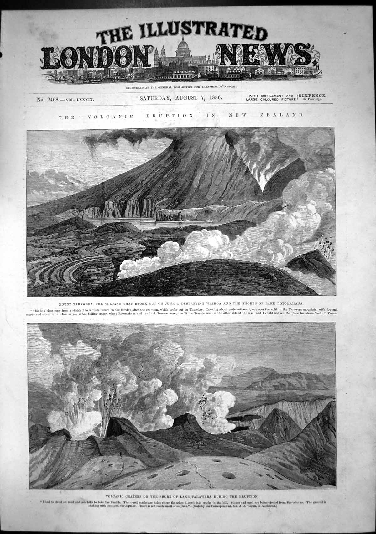 Antique Old Print Volcanic Eruption New Zealand Mount Tarawera Wairoa 1886 19th