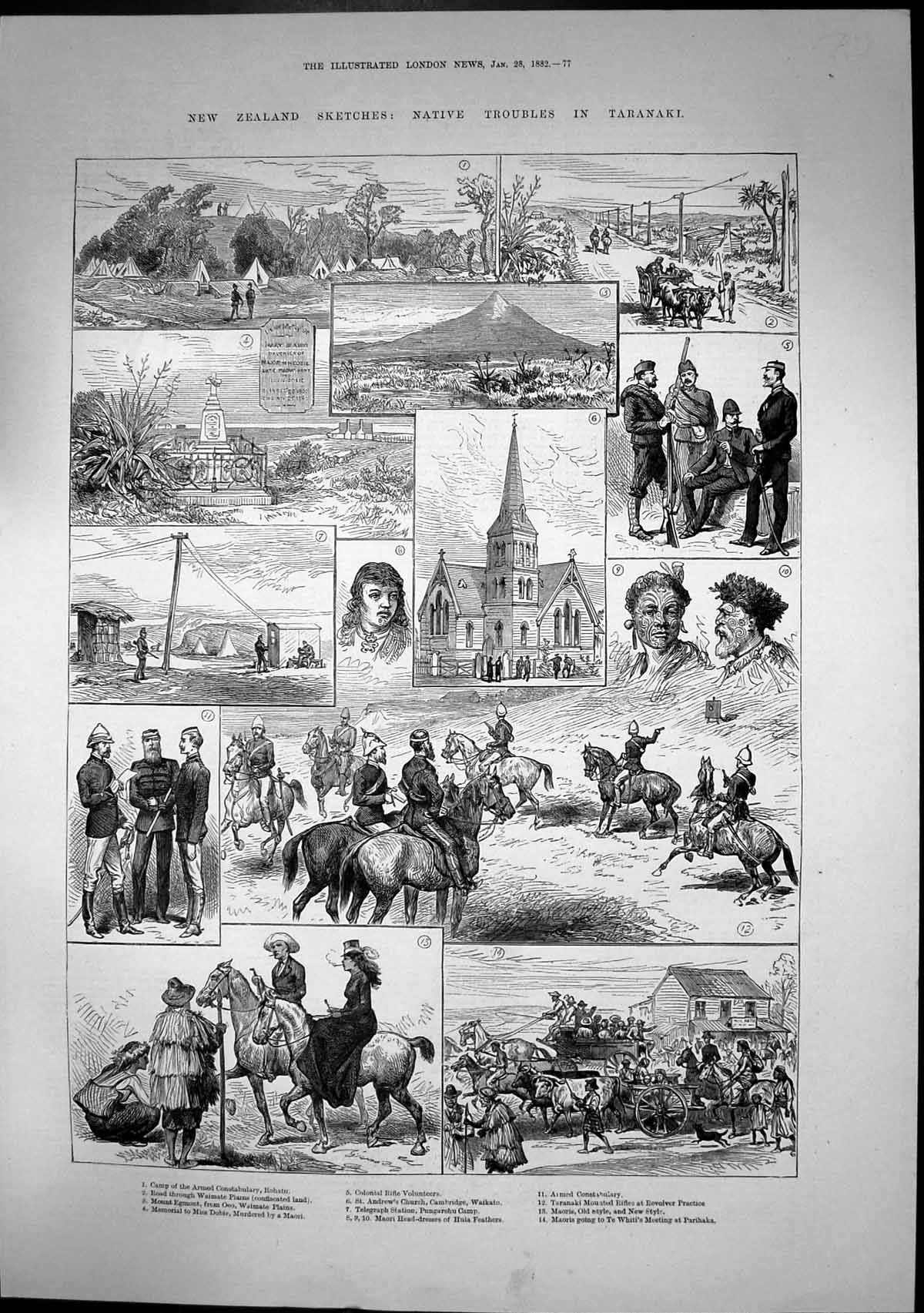 Old Print New Zealand Native Troubles Camp Armed Constabulary Rohatu 1882 19th