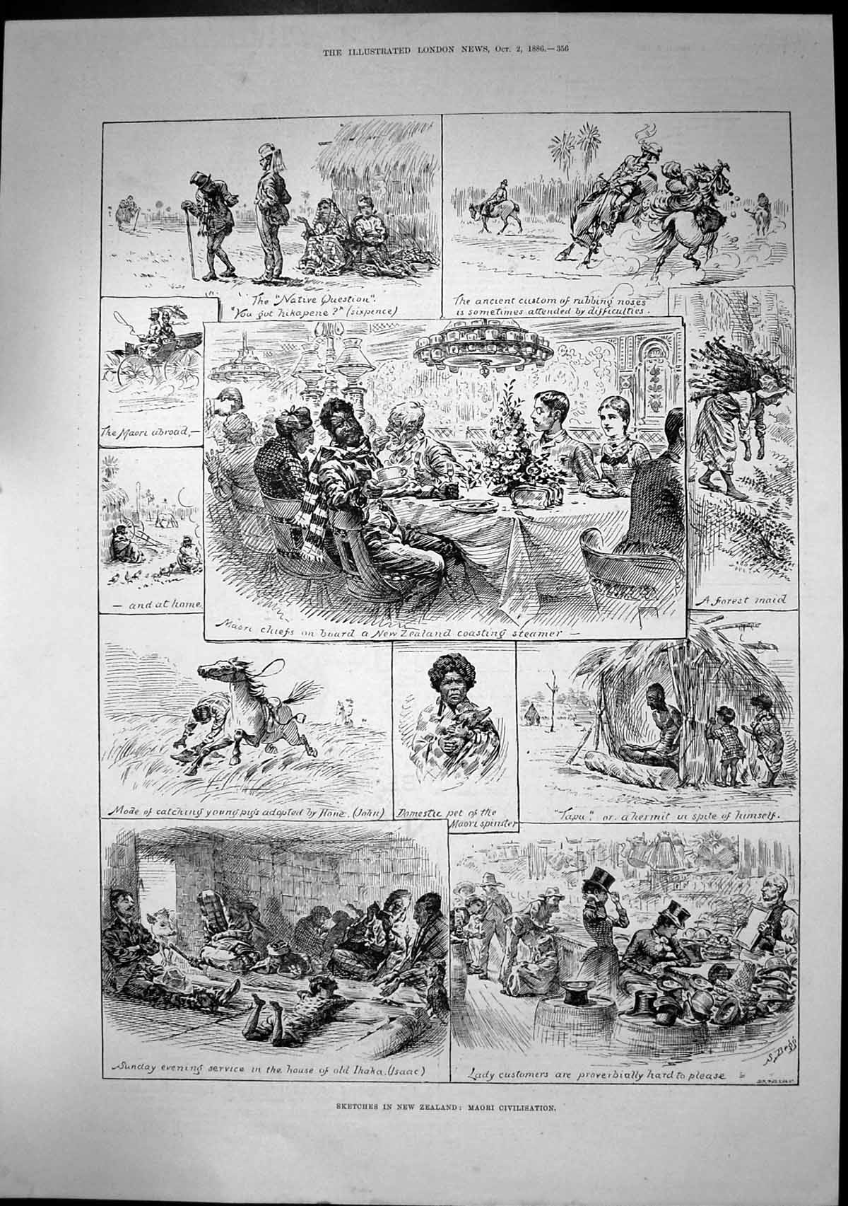 Old Print Maori Civilisation Tapu Forest Maid Natives Catching Pigs 1886 19th