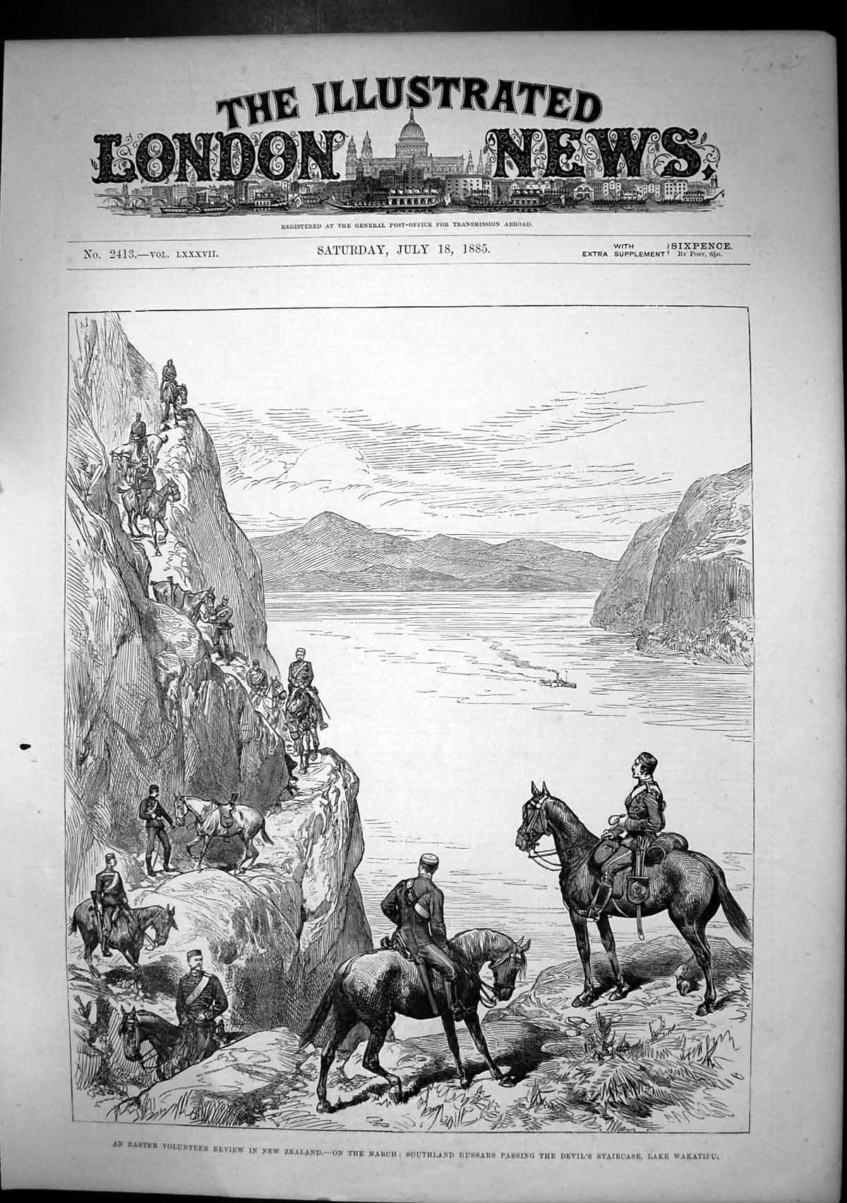 Antique Print Southland Hussars Devils Staircase Volunteer Review N Z 1885 19th