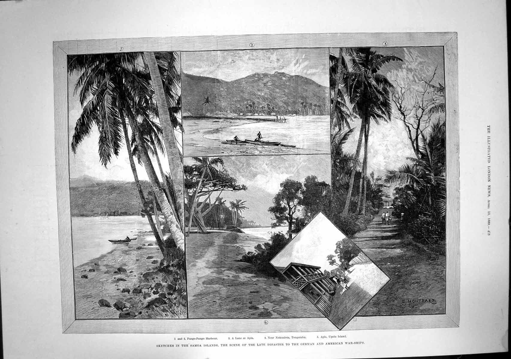 Antique Old Print Samoa Islands Disaster German American War Ships Apia 1889