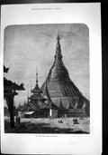 Original Old Antique Print Shwei Dagon Pagoda Rangoon People Walking By 1872