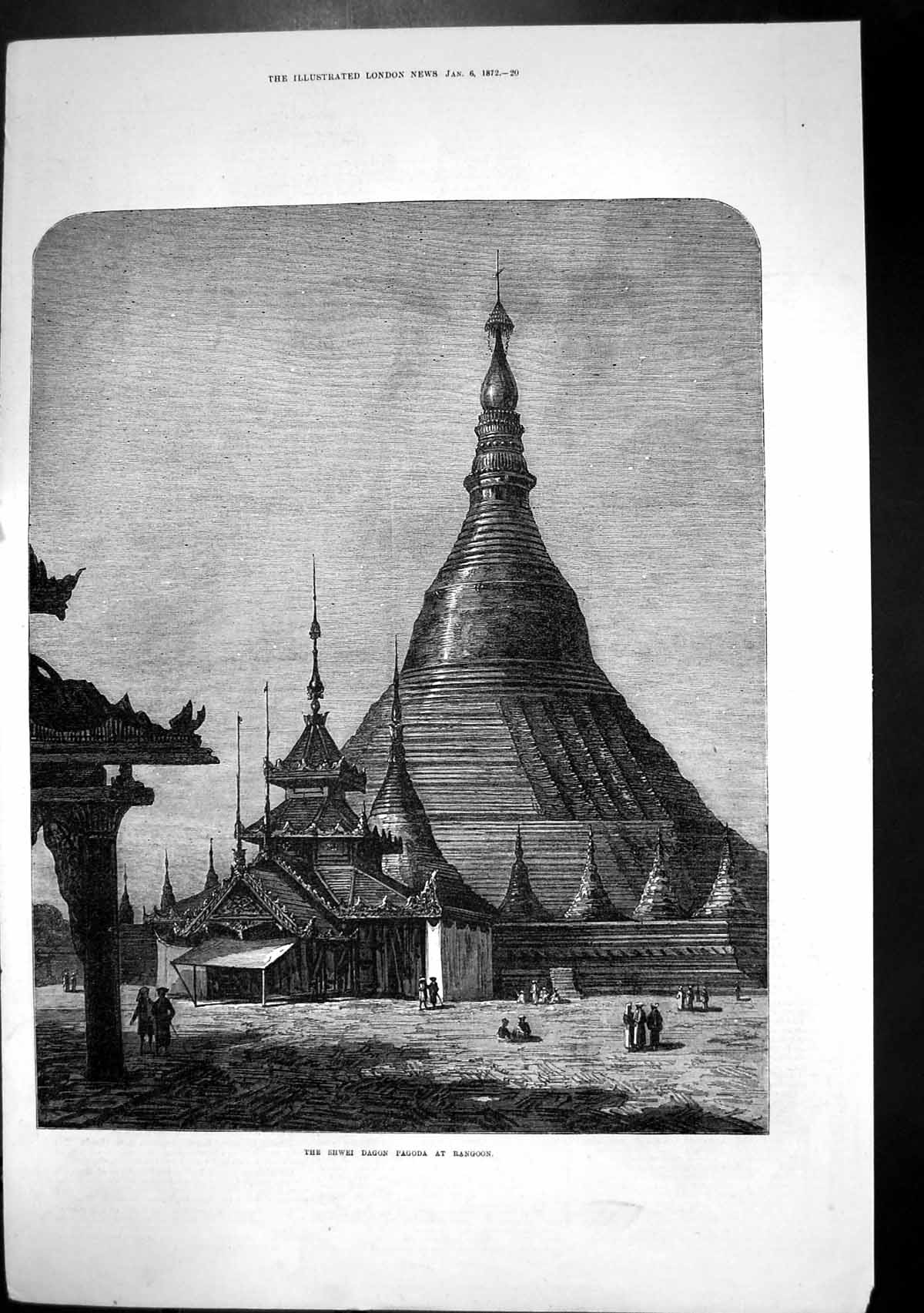 Original Old Antique Print Shwei Dagon Pagoda Rangoon People Walking By 1872