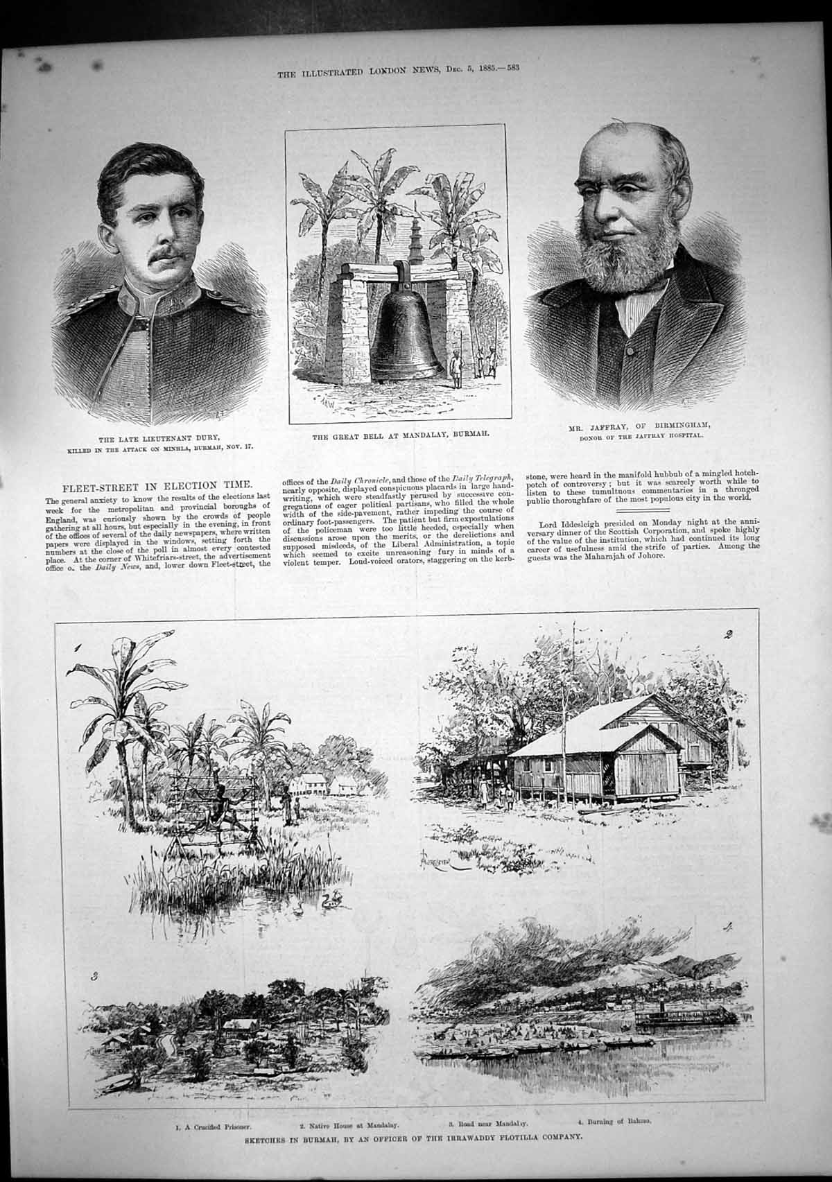 Old Print Burmah Bell Mandalay Lieutenant Dury Killed Attack Minhla 1885 19th