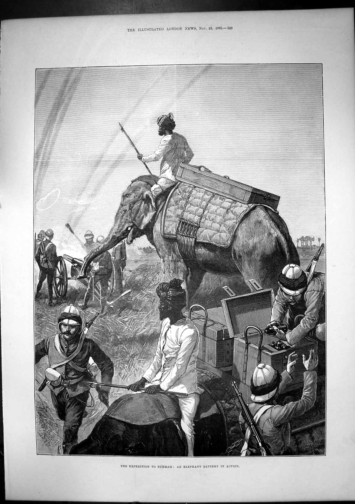 Original Old Antique Print Expedition Burmah Elephant Battery In Action 1885