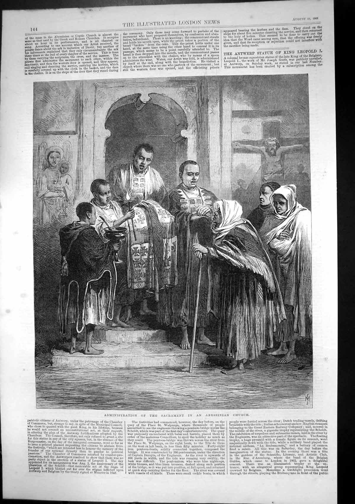 Original Old Antique Print Administration Sacrament In Abyssinian Church 1808