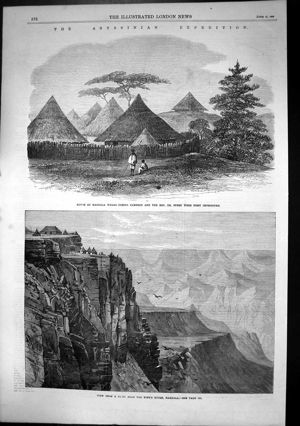 Antique Old Print Abyssinia Kings House Magdala Consul Cameron Rev Stern 1868