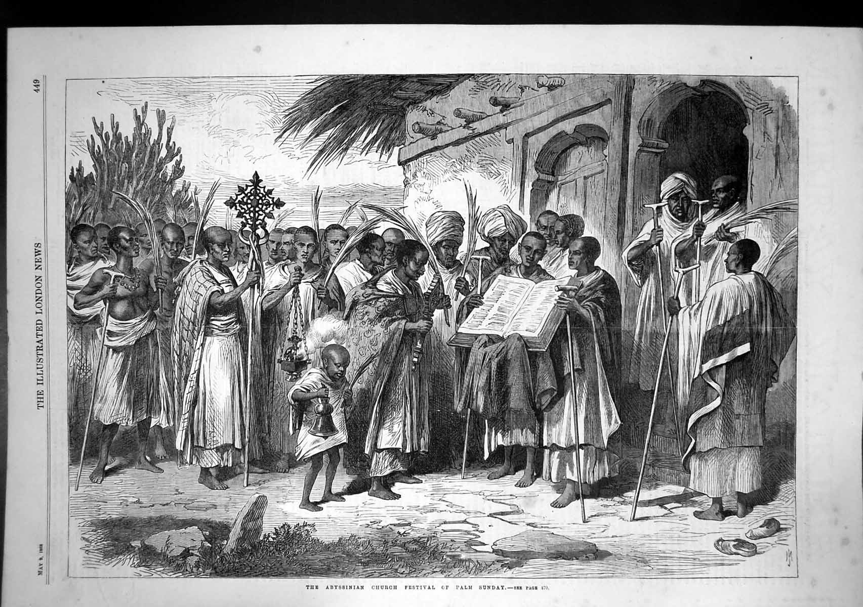 Original Old Antique Print Abyssinian Church Festival Palm Sunday 1868 19th