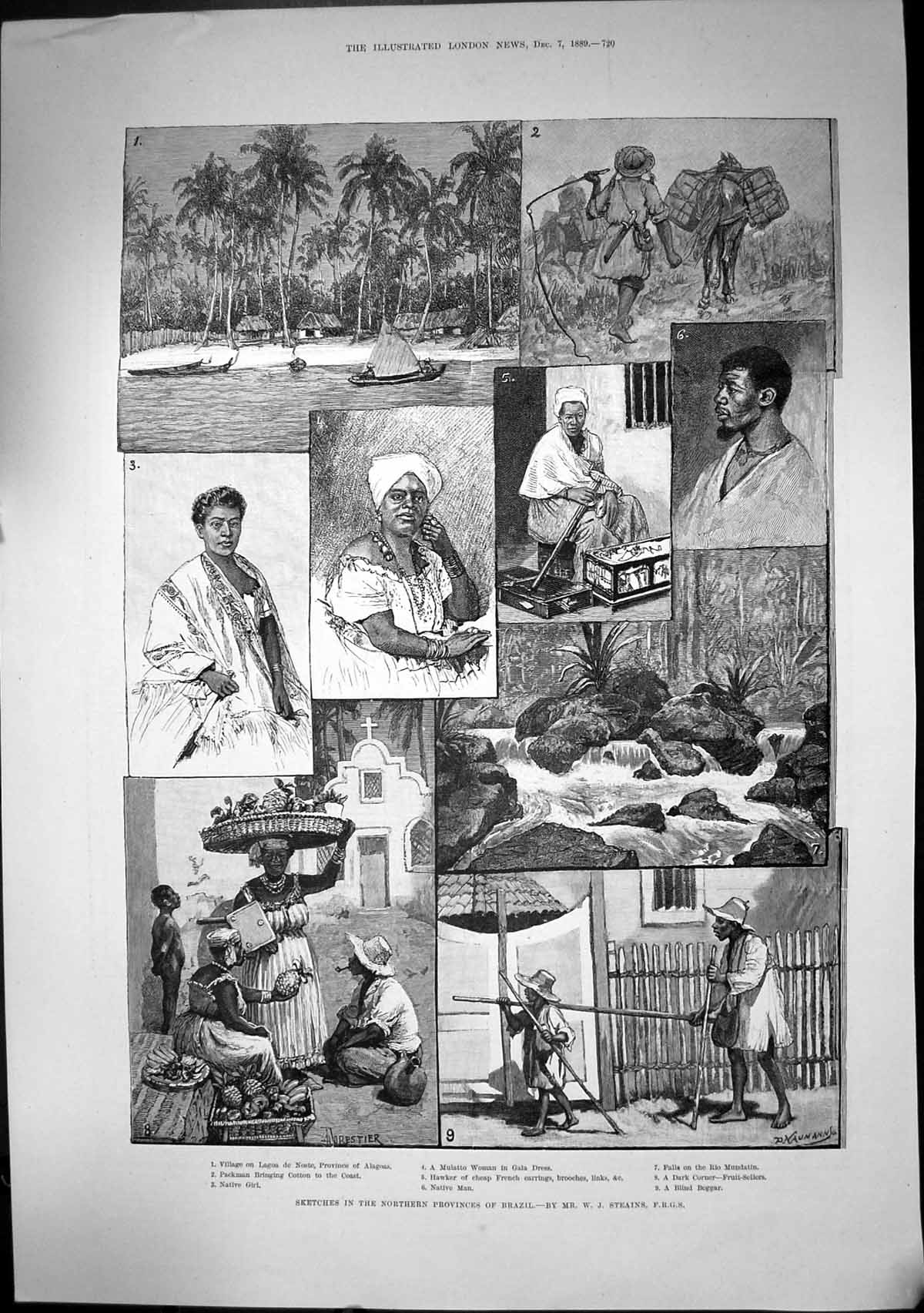 Antique Old Print Provinces Brazil Village Alagoas Packman Cotton Coast 1889
