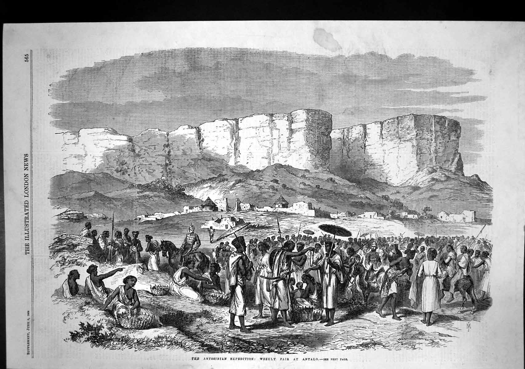 Original Old Antique Print Abyssinian Expedition Weekly Fair Antalo 1868 19th