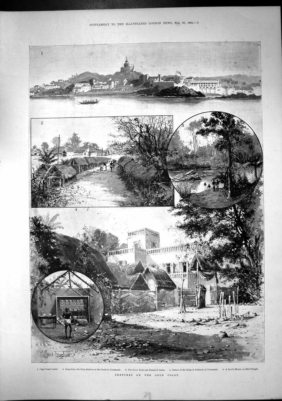 Antique Print Sketches GCoast River Prah Forest Assin Palace King Ashanti