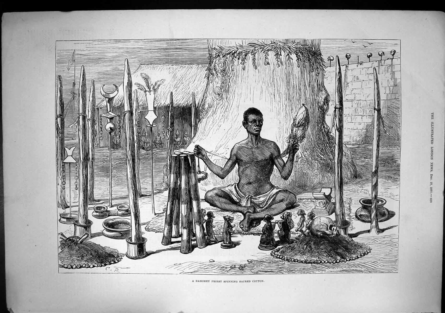 Antique Old Print Dahomey Priest Spinning Sacred Cotton Fetiches Skulls 1877