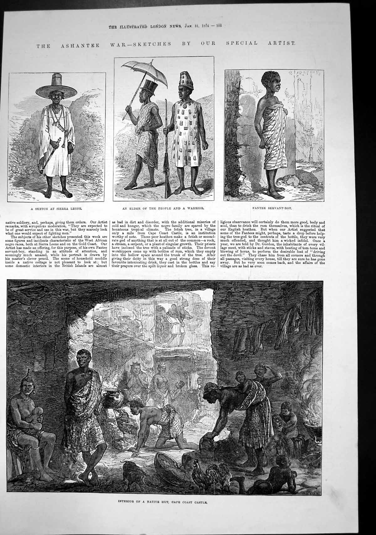 Antique Old Print Ashantee War Interior Native Hut Coast Castle Warrior 1874