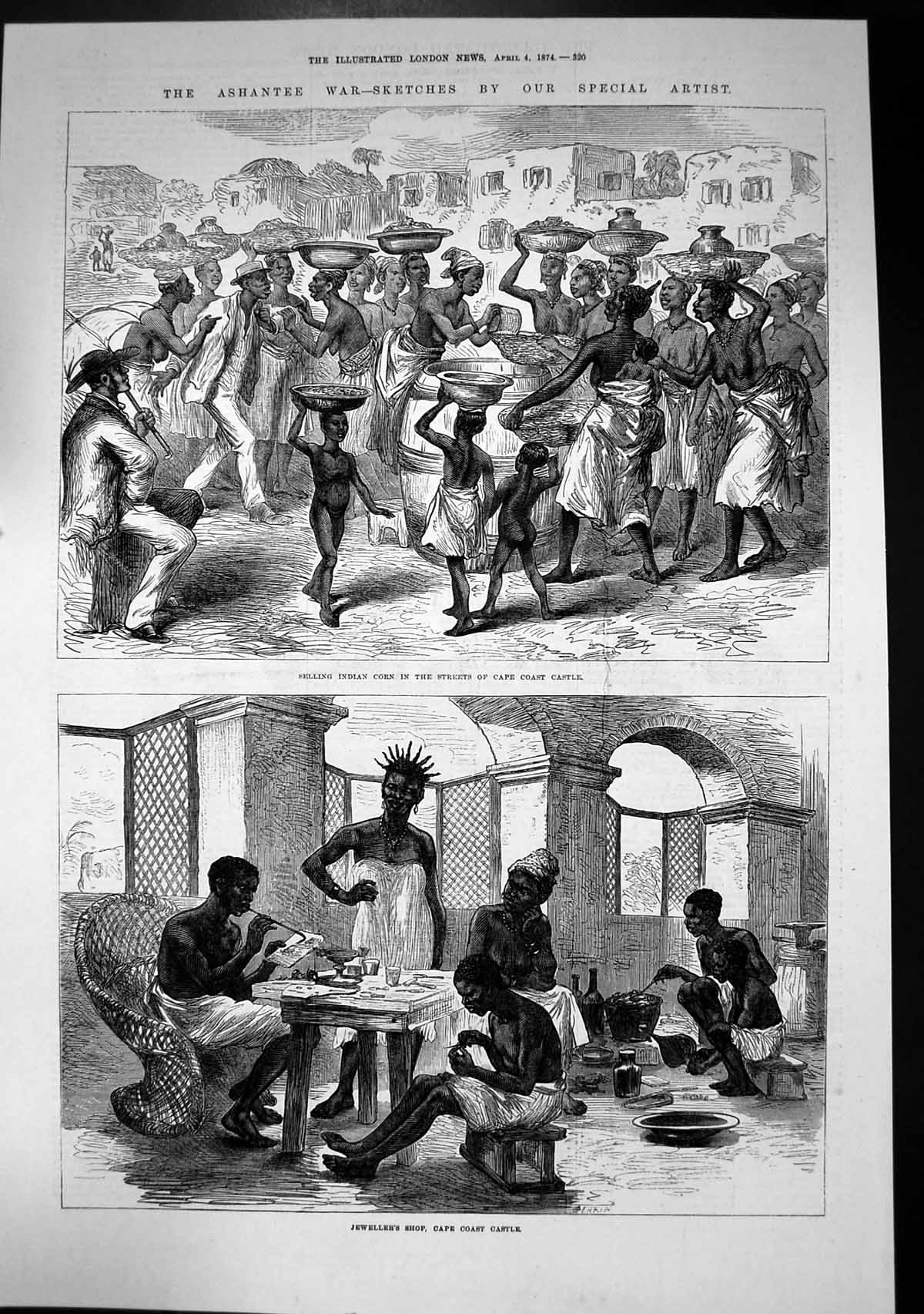 Antique Print Ashantee War Selling Indian Corn Streets Jewellers Shop 1874 19th
