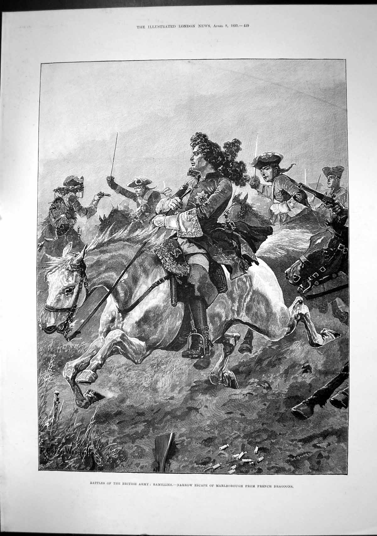 Old Print Battle Ramillies Narrow Escape Marlborough French Dragoons 1893 19th