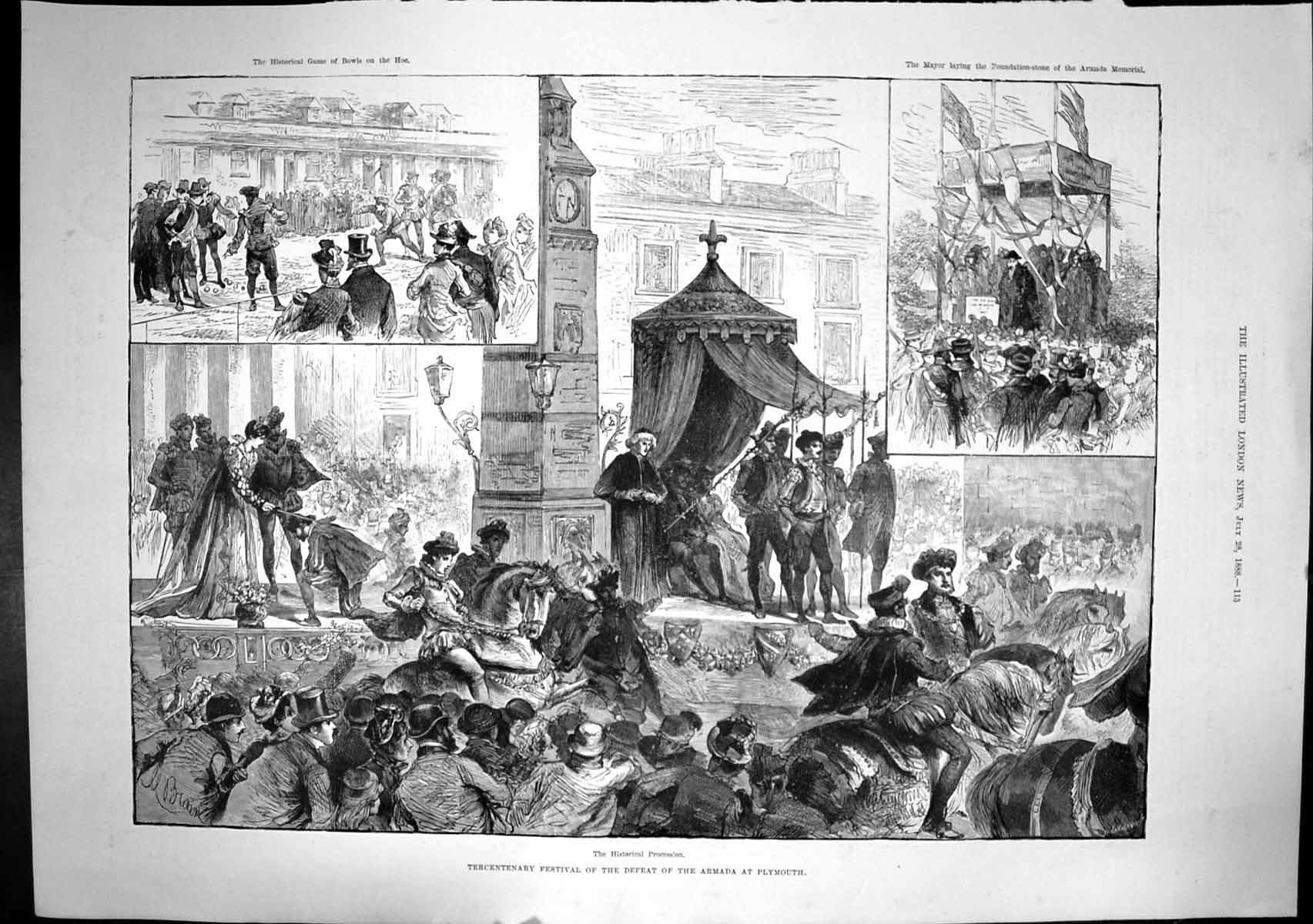 Old Print Tercentenary Defeat Armada Plymouth Historical Procession 1888 19th