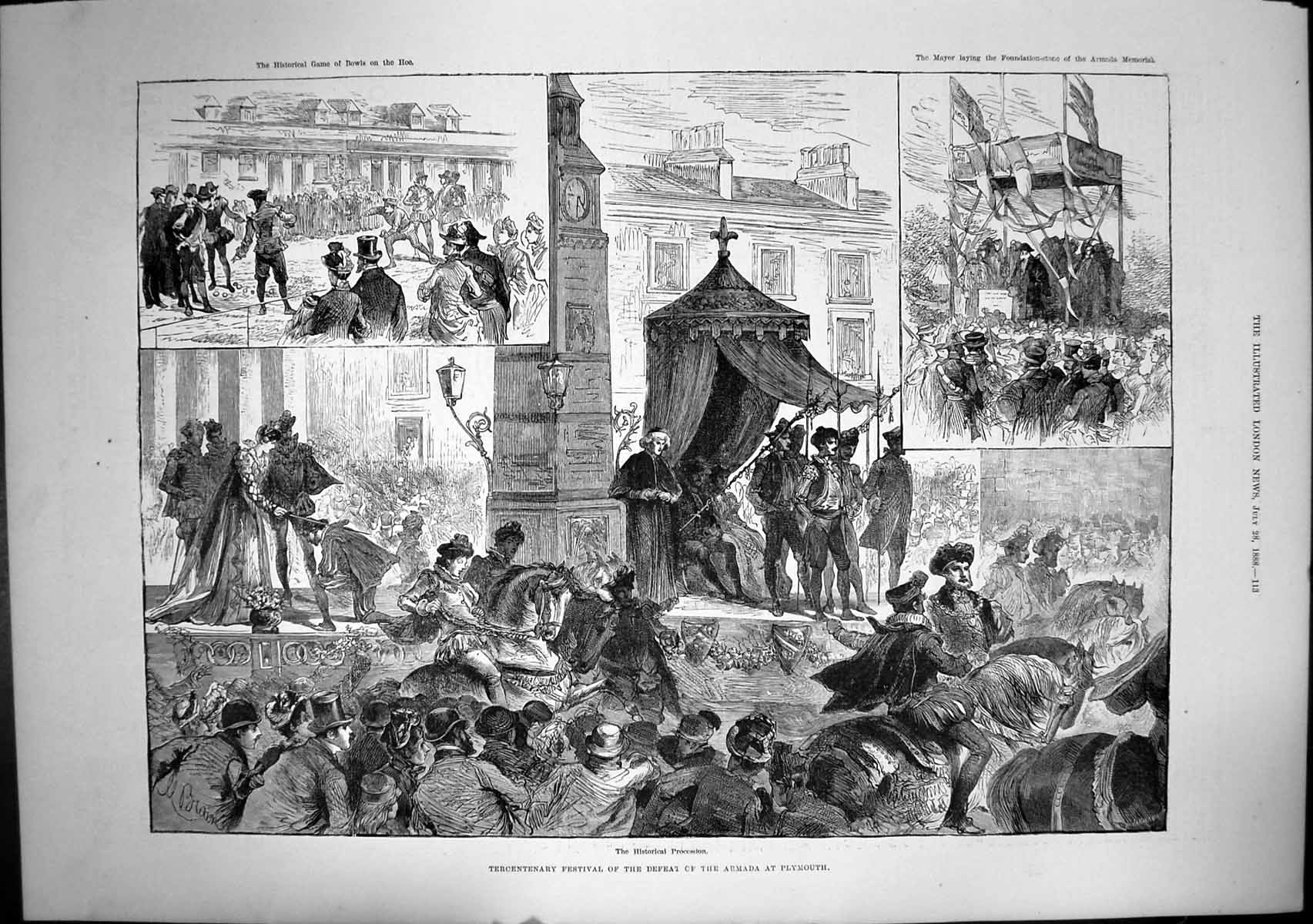 Old Print Historical Procession Tercentenary Defeat Armada Plymouth 1888 19th