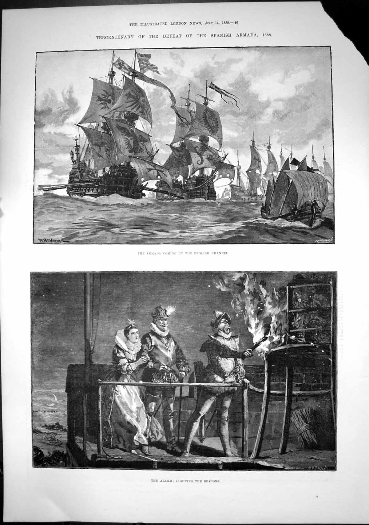 Old Print Tercentenary Defeat Spanish Armada Coming English Channel 1888 19th