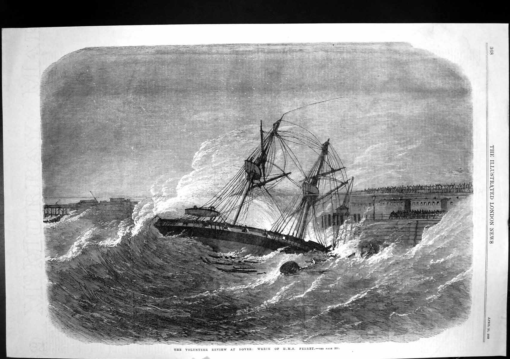 Original Old Antique Print Volunteer Review Dover Pier Hms Ferret Wrecked 1869