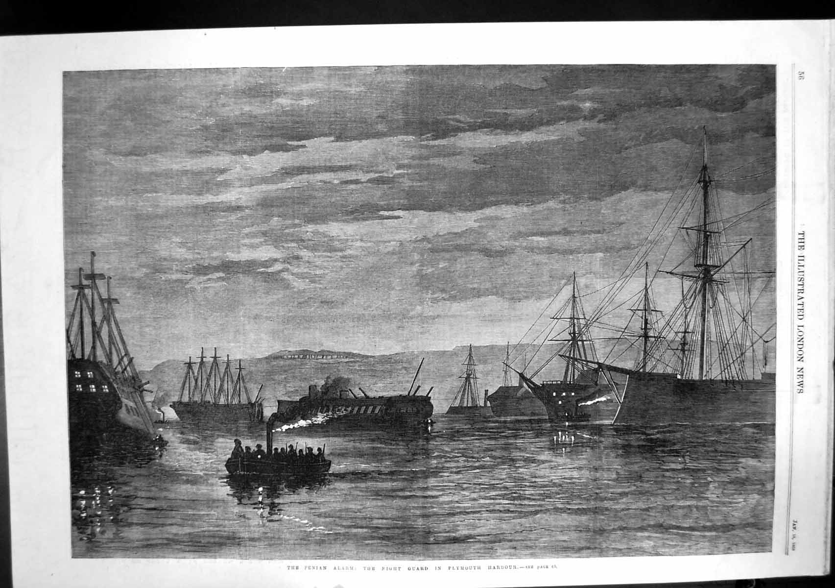 Original Old Antique Print Fenian Alarm Night Guard Plymouth Harbour 1868 19th