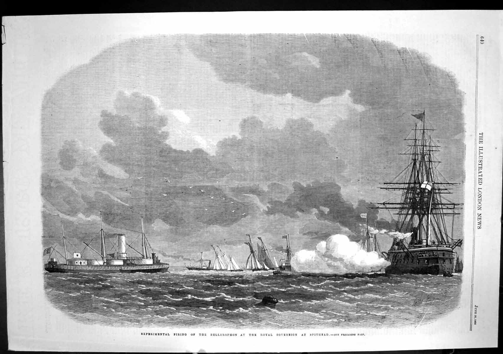 Antique Print Experimental Firing Bellerophon Royal Sovereign Spithead 1866