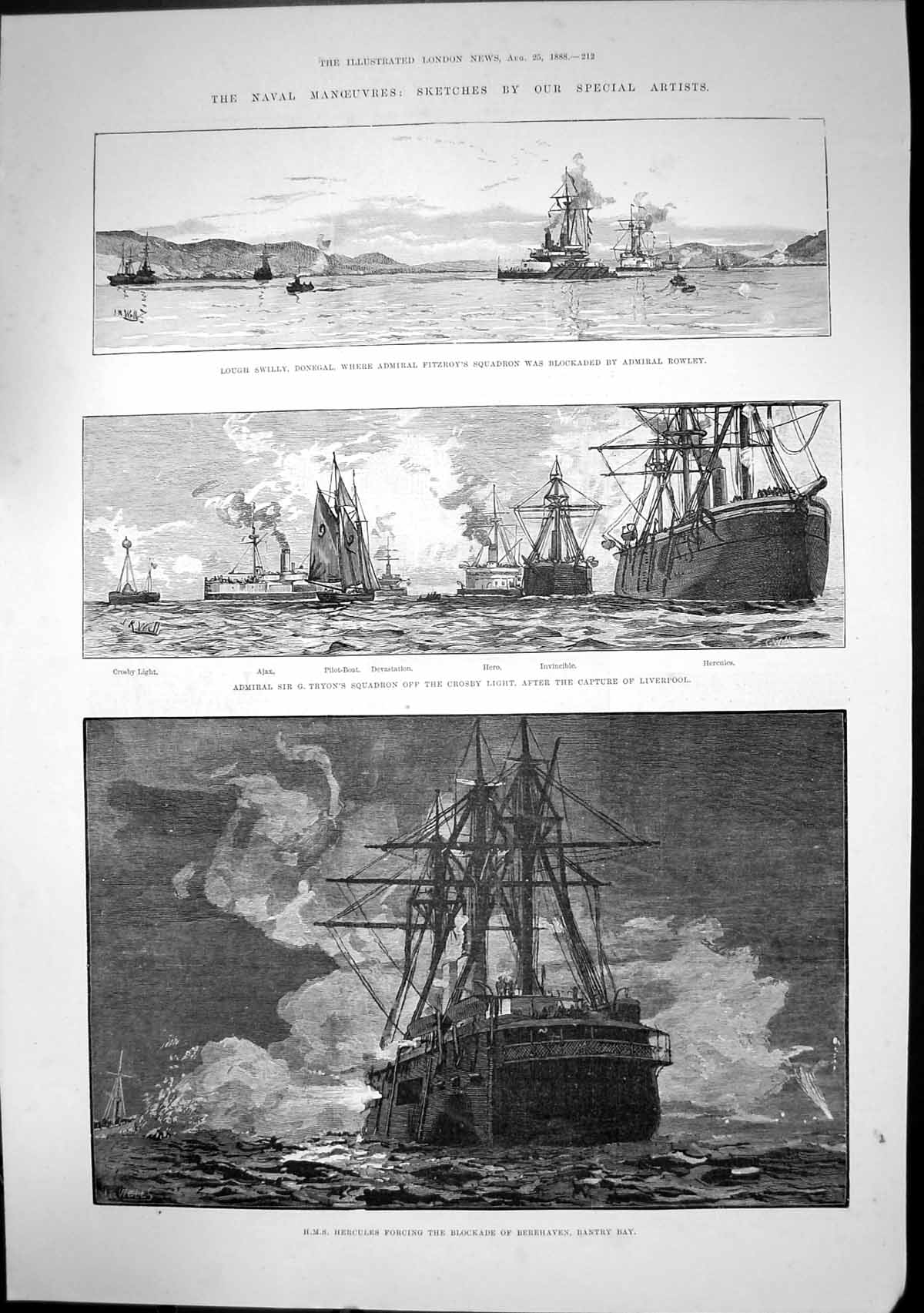 Old Print Hms Hercules Berehaven Admiral G Tryons Squadron Fitzroys 1888 19th