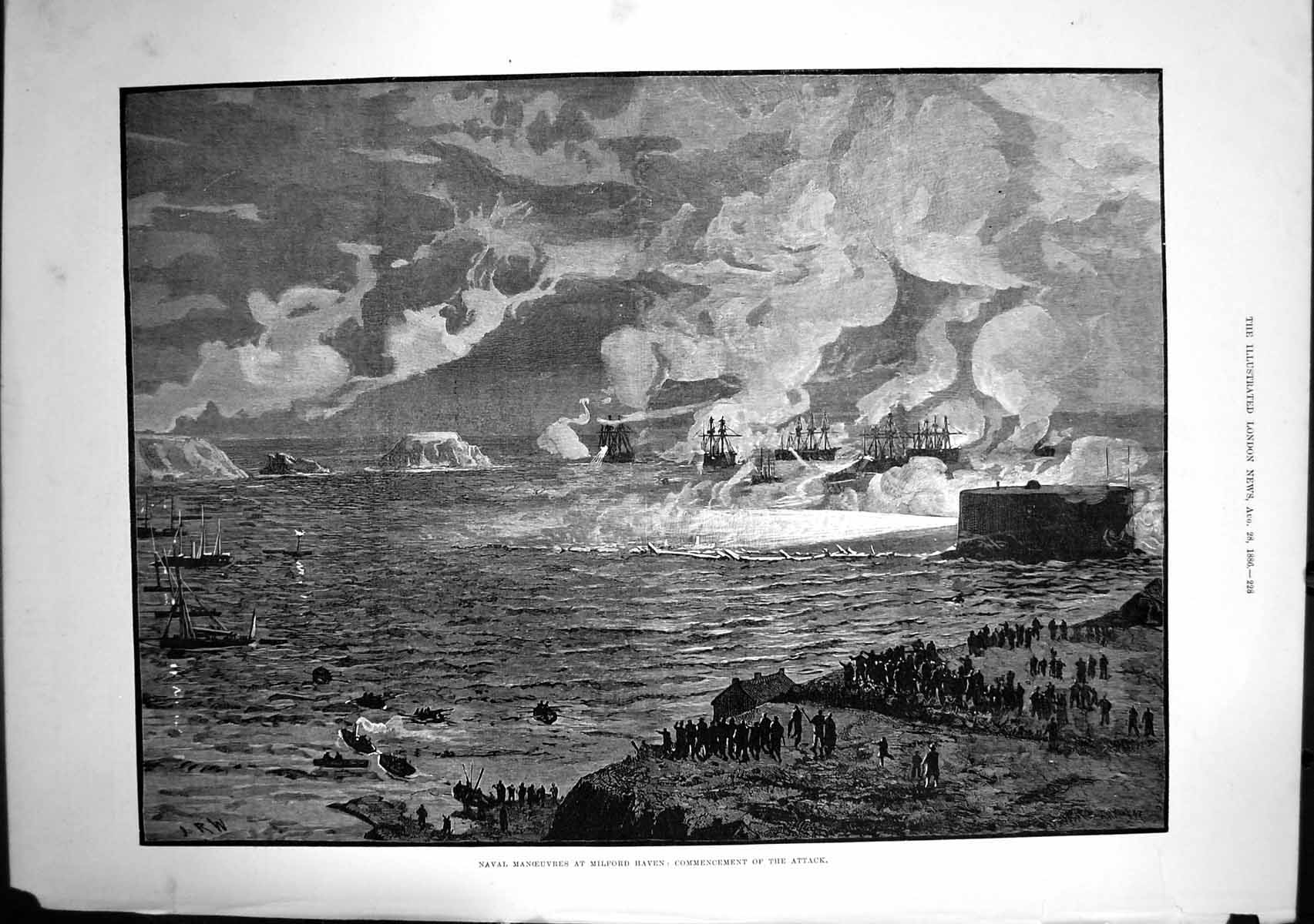 Antique Print Commencement Attack During Naval Manoeuvres Milford Haven1886