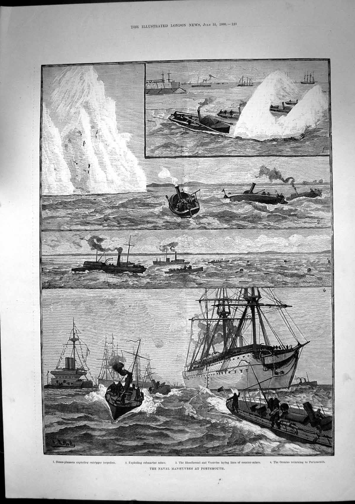 Antique Old Print Naval Manoeuvres Portsmouth Bloodhound Vesuvius Mines 1886