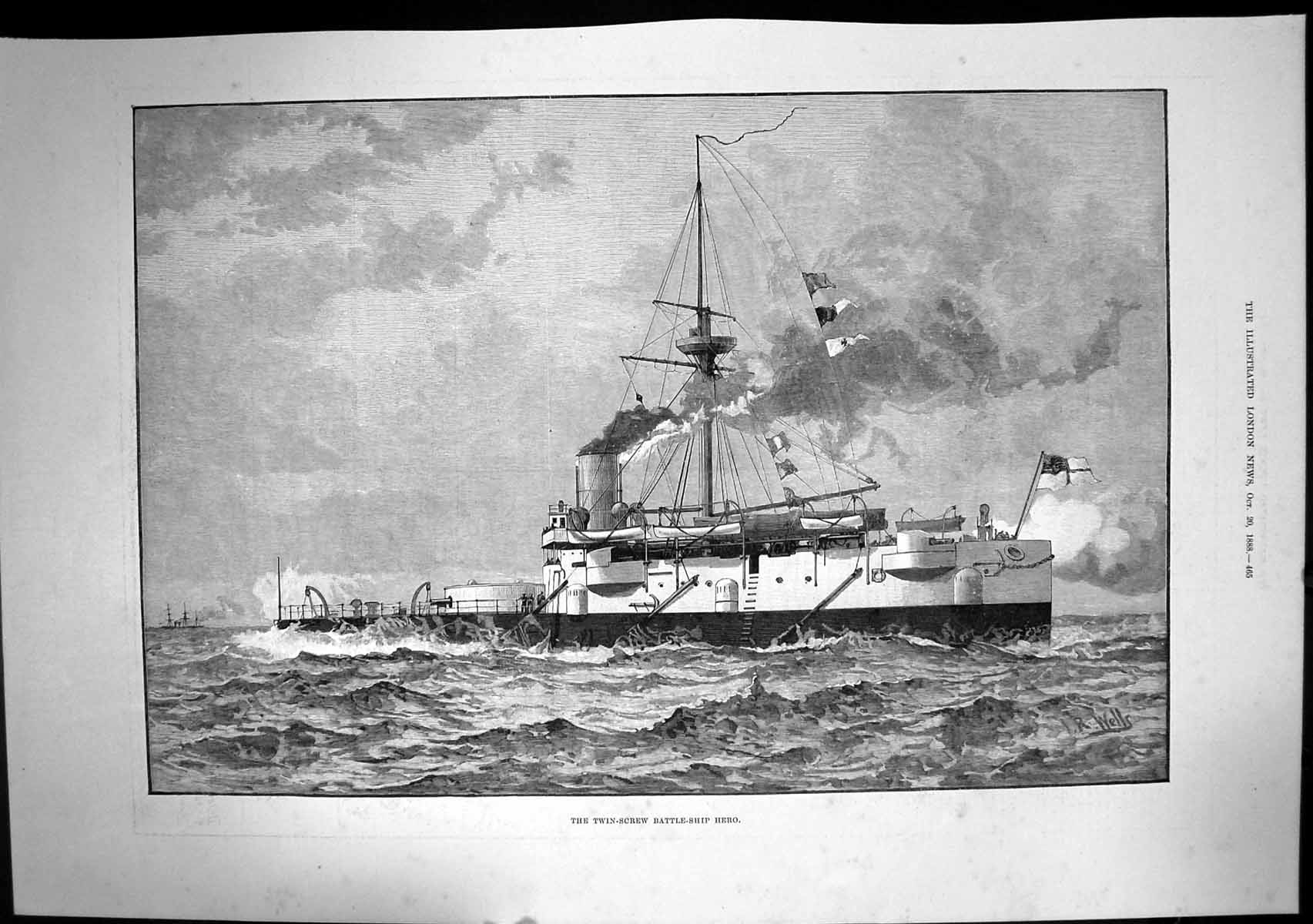 Antique Print Twin Screw Battle Ship Hero Built Chatham Conquerer Type 1888
