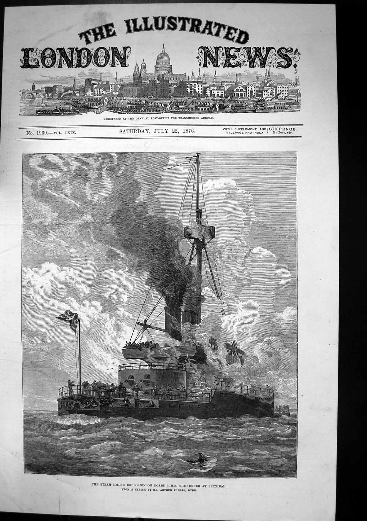 Antique Old Print Steam Boiler Explosion On Board Hms Thunderer Spithead 1876