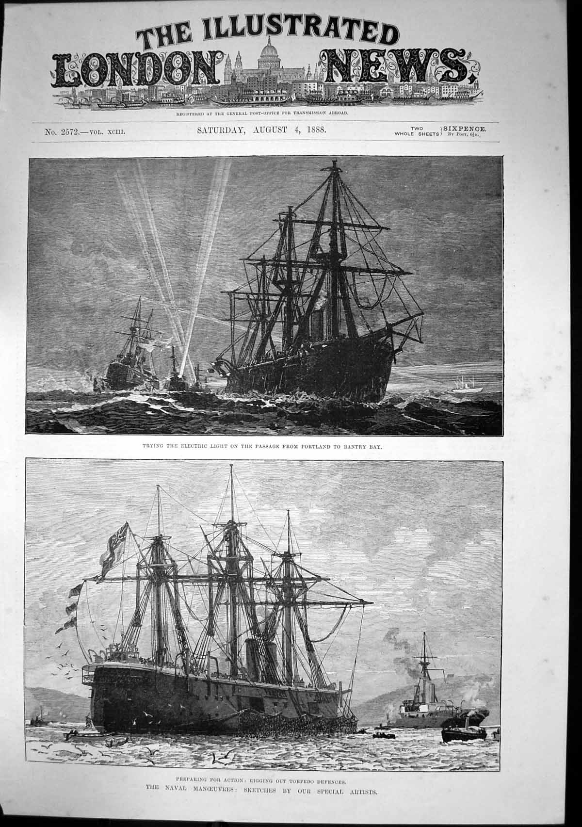 Old Print Trying Electric Light Portland Bantry Bay Torpedo Defences 1888 19th