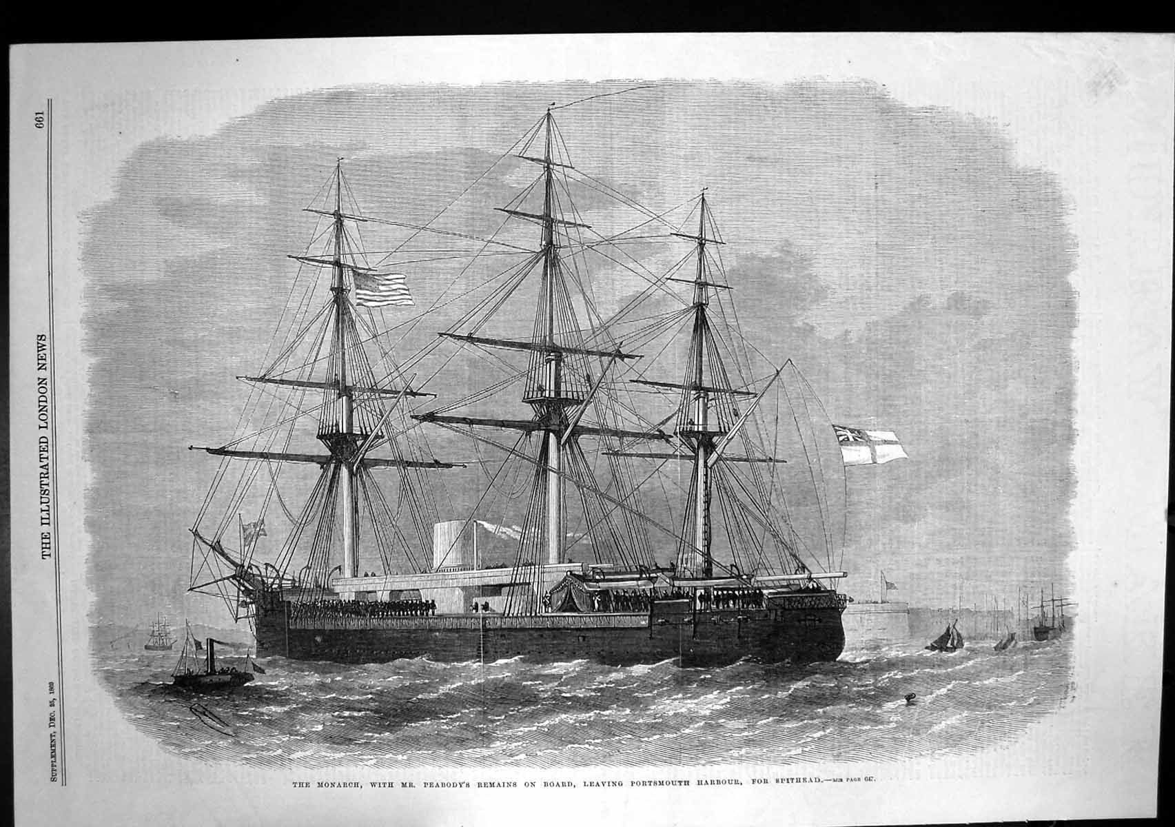 Antique Old Print Monarch Peabodys Remains On Board Portsmouth Spithead 1869