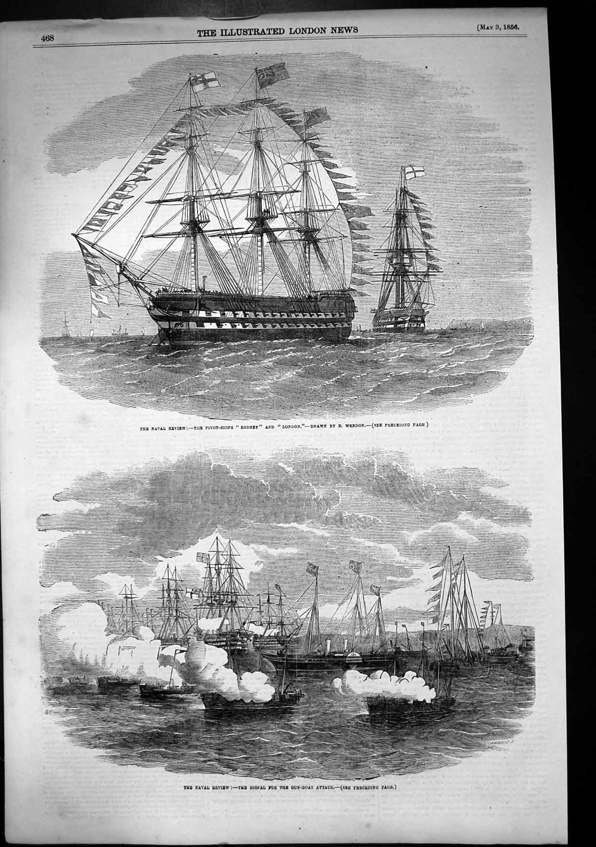 Old Naval Review Pivot Ships Rodney London Signal Gun Boat Attack1856 Victorian